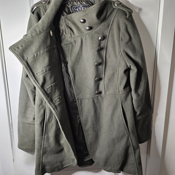Last Kiss Olive Military Peacoat Jacket XL Asym Collar Button Detail Blokecore - Picture 5 of 11